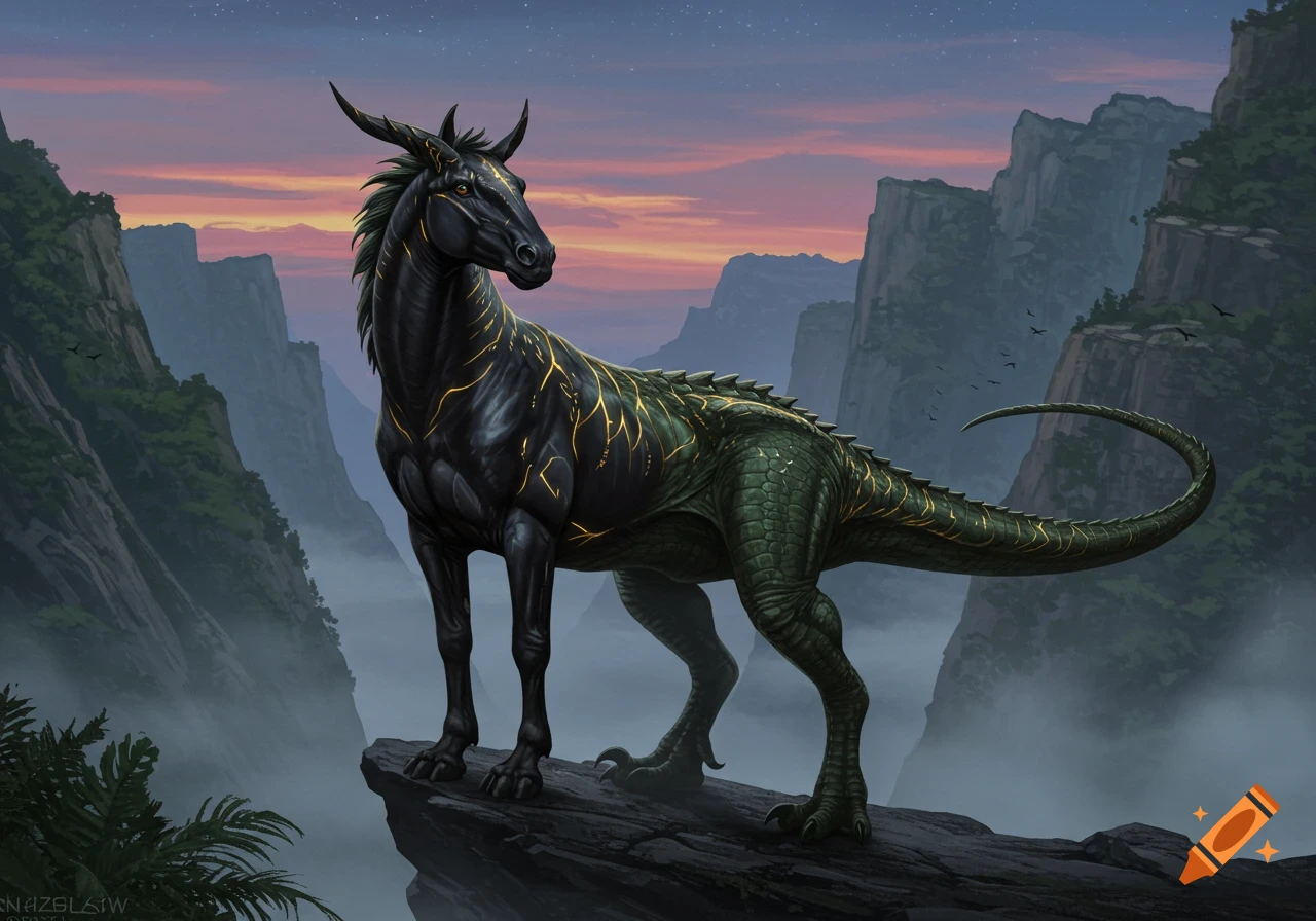 A majestic black horse-dinosaur hybrid with golden patterns stands on a rocky peak overlooking a misty mountain valley at sunset.