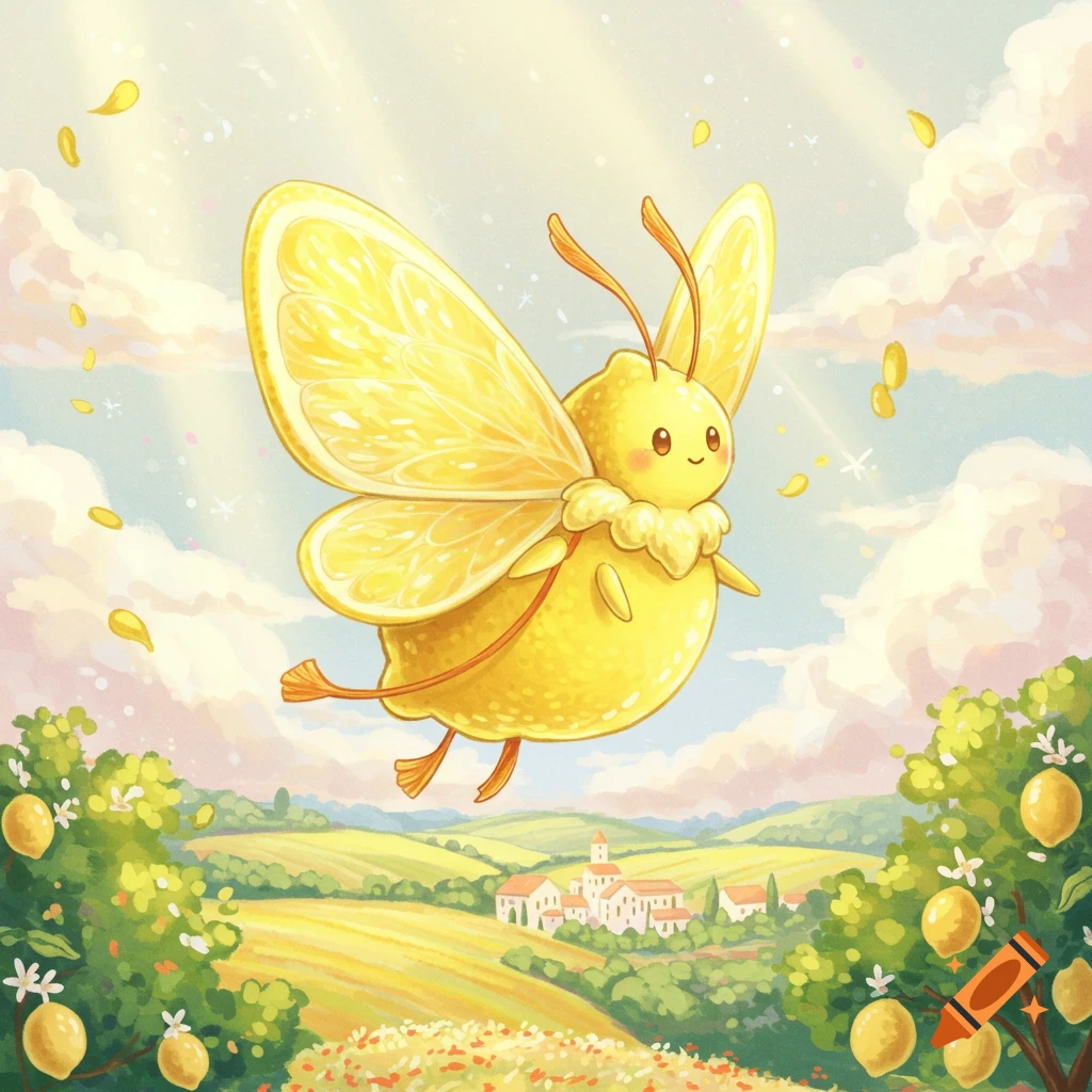 A cute, cartoon-style lemon-moth with slice-like wings flies over a sunny lemon grove and village.