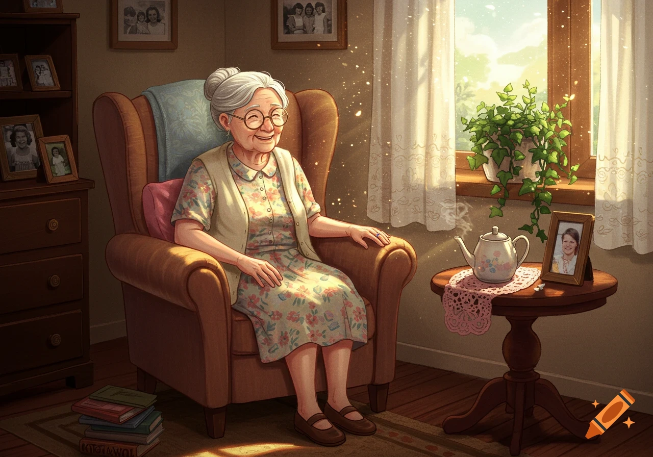 A happy, illustrated elderly woman with glasses sits in a cozy armchair in a sunlit room, surrounded by personal belongings.