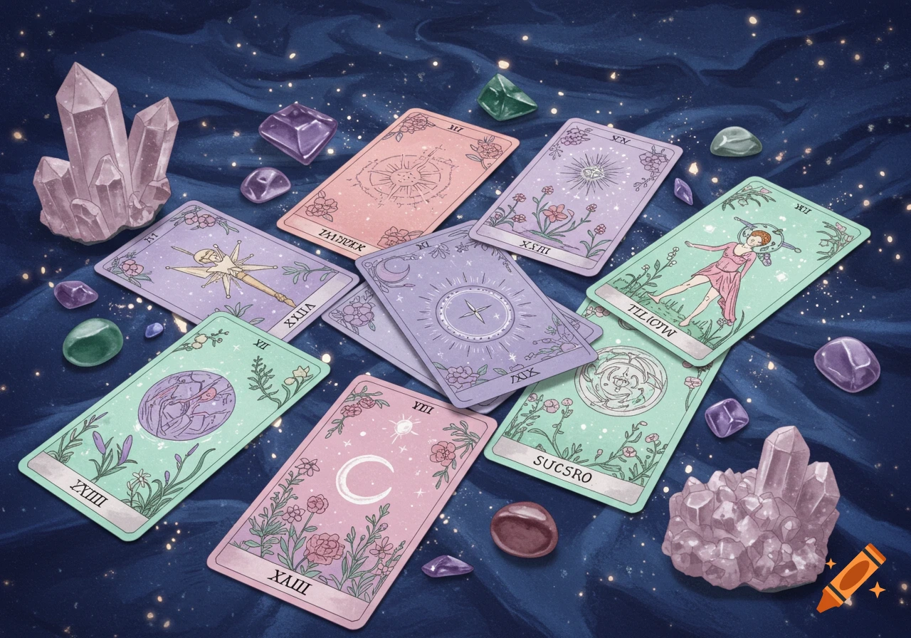 Mystical illustration of tarot cards and crystals scattered on a starry night sky background, in soft pastel colors.