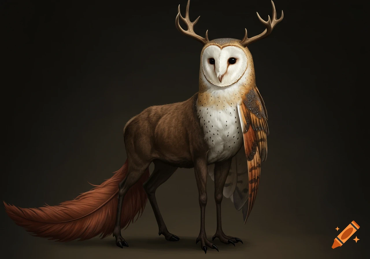 A majestic stag-owl chimera with a brown furred body, barn owl head, antlers, feathered tail, talons, and small wings, in a realistic fantasy illustration.