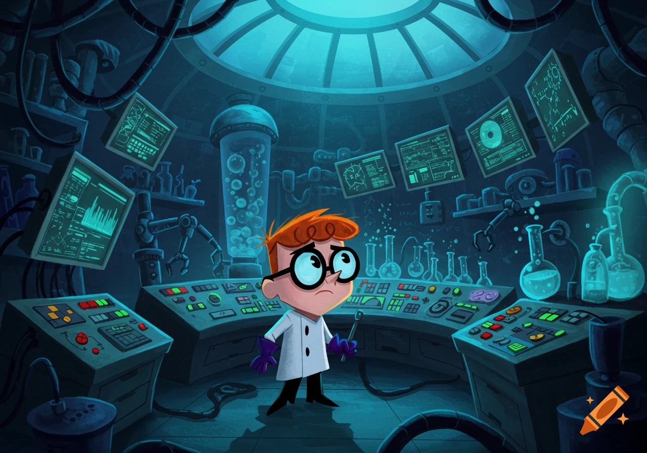 Cartoon boy with red hair, glasses, and a lab coat stands in a futuristic, blue-lit science laboratory.