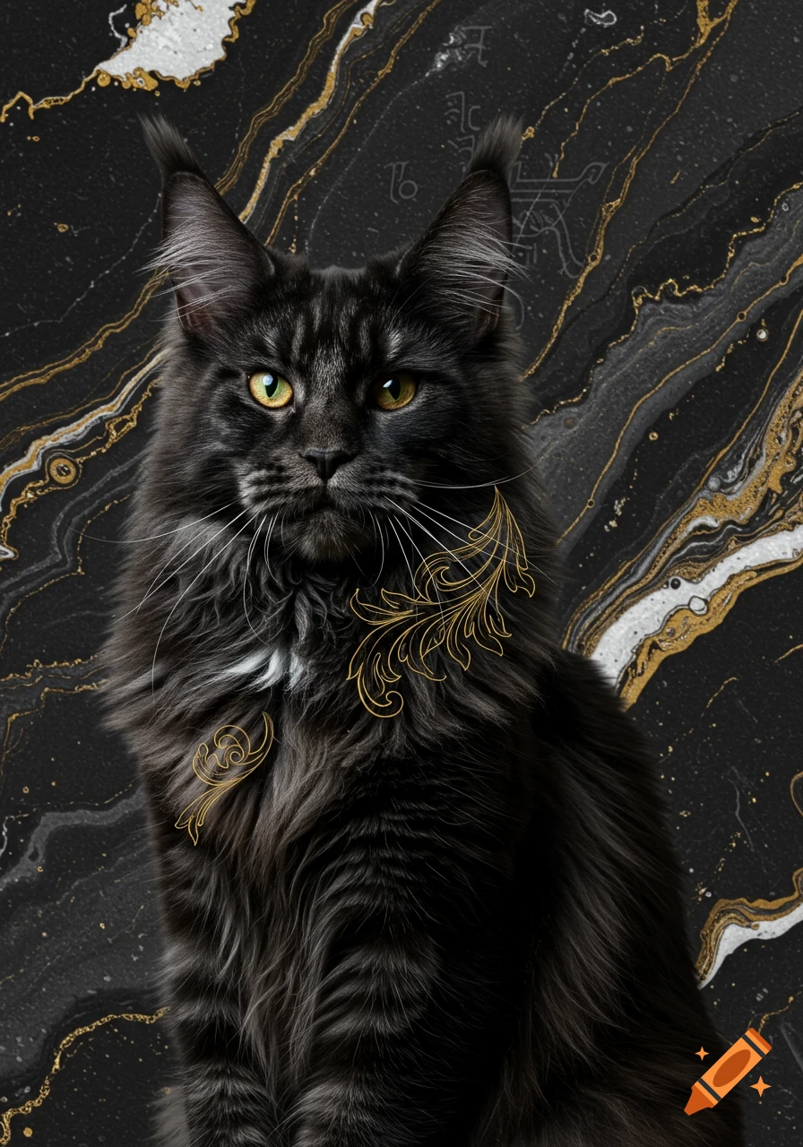A majestic black Maine Coon cat with yellow eyes, adorned with golden filigree, against a dark marbled background with gold and white swirls and faint gothic symbols.
