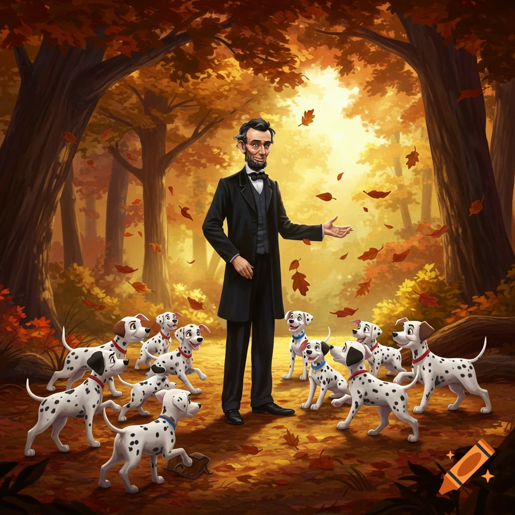 Illustrated Abraham Lincoln stands in a sunny autumnal forest, surrounded by numerous Dalmatian puppies as fall leaves drift down.