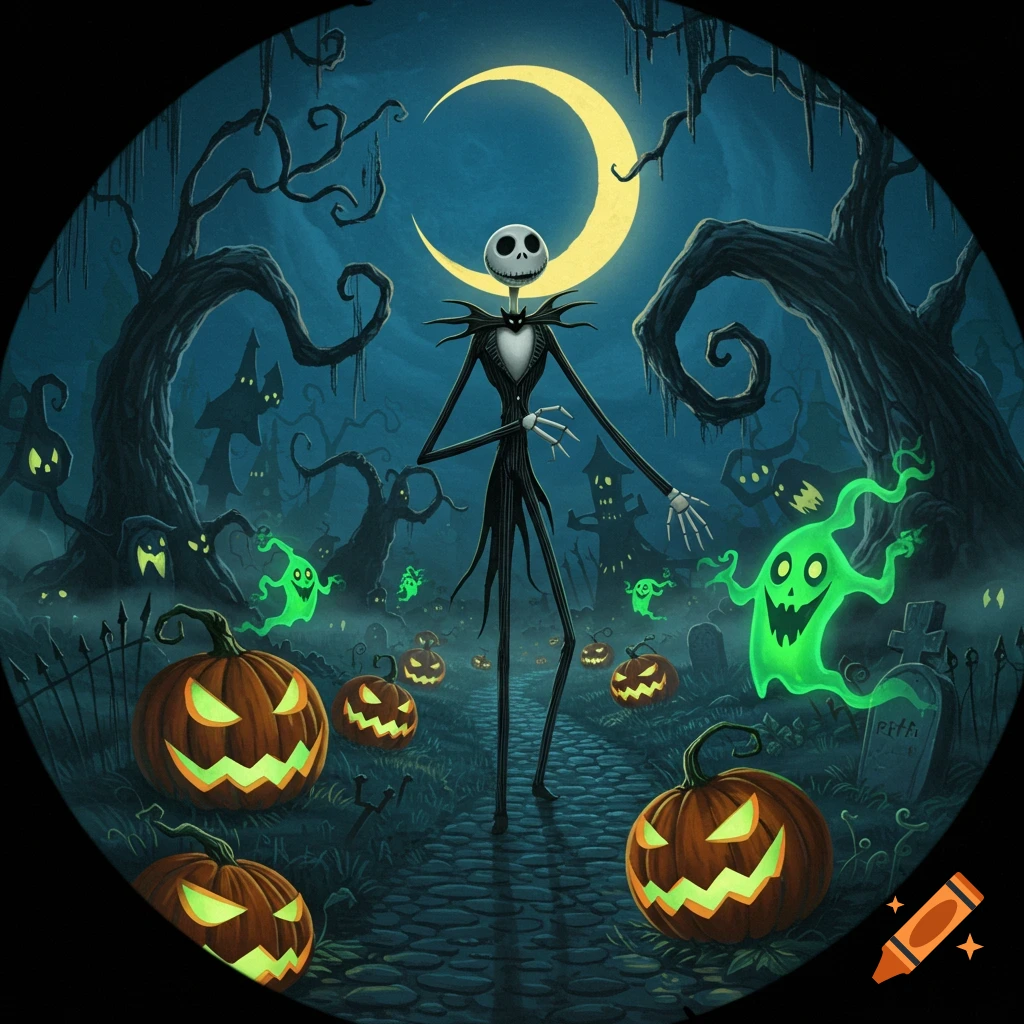 Jack Skellington stands on a cobblestone path amidst glowing jack-o'-lanterns and ghosts in a spooky forest under a crescent moon.