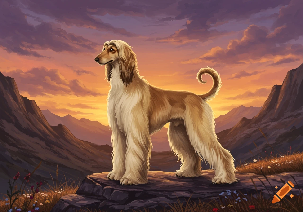 A majestic Afghan Hound stands on a rocky outcrop overlooking a mountain landscape at sunset, in a digital painting style.