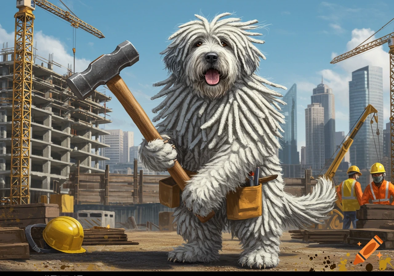 A shaggy white Komondor dog wearing a tool belt holds a hammer on a busy construction site with cranes and city buildings.