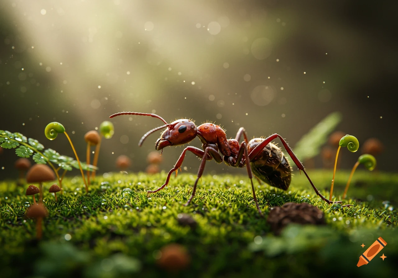 A close-up of a red ant on dewy green moss with tiny mushrooms, rendered in a photorealistic style with soft background light.