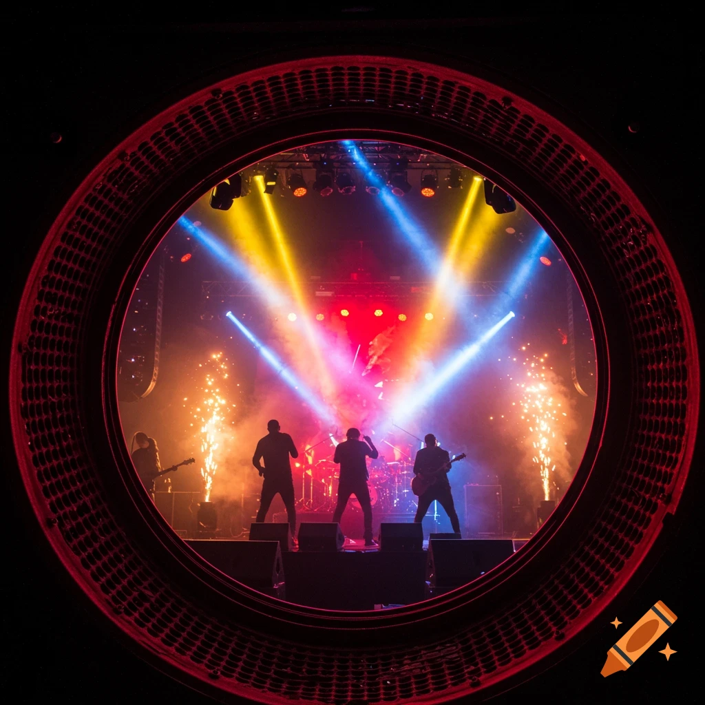 A band performs on a stage with bright spotlights and pyrotechnics, viewed through the circular red grill of a speaker.