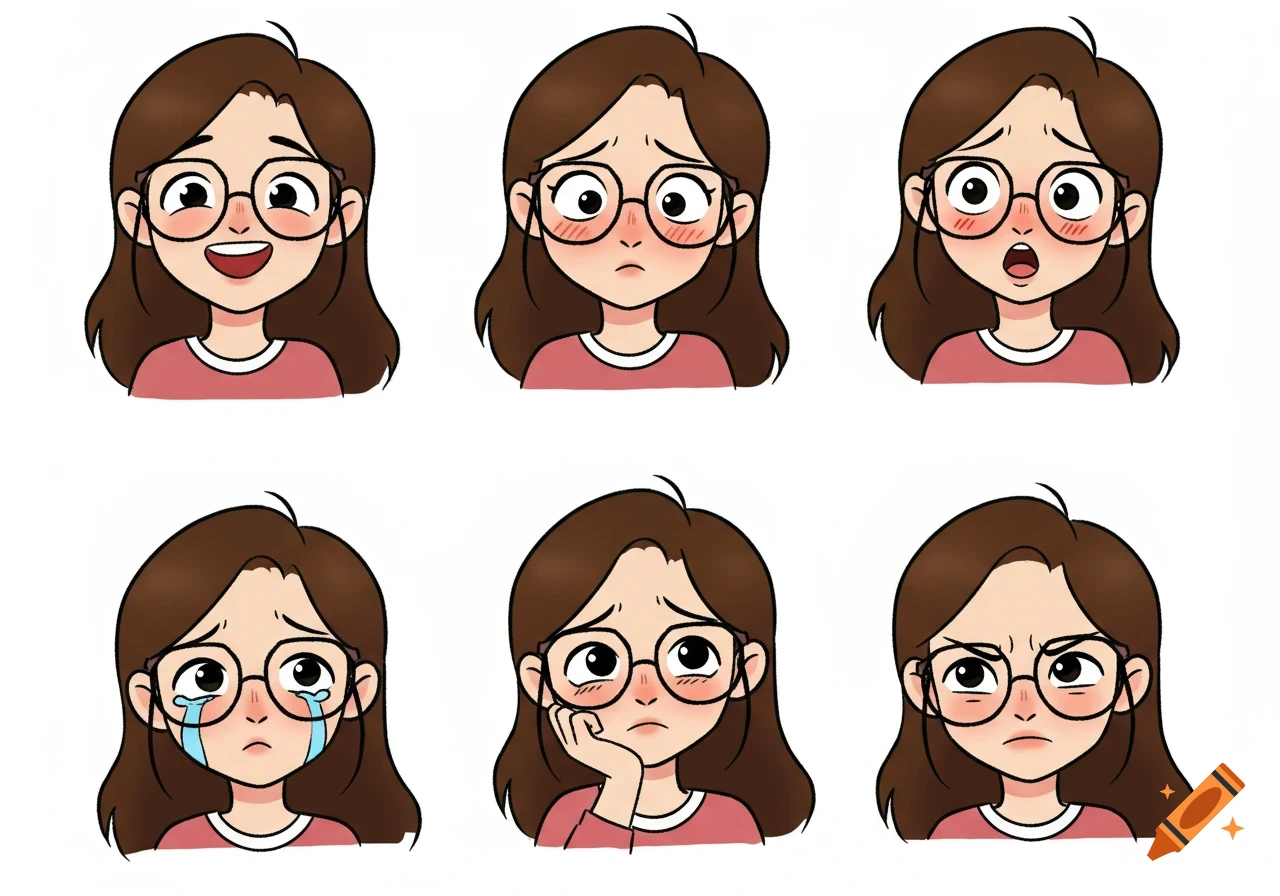 Six cartoon avatars of a brown-haired girl with glasses showing happy, embarrassed, surprised, sad, thoughtful, and angry expressions.