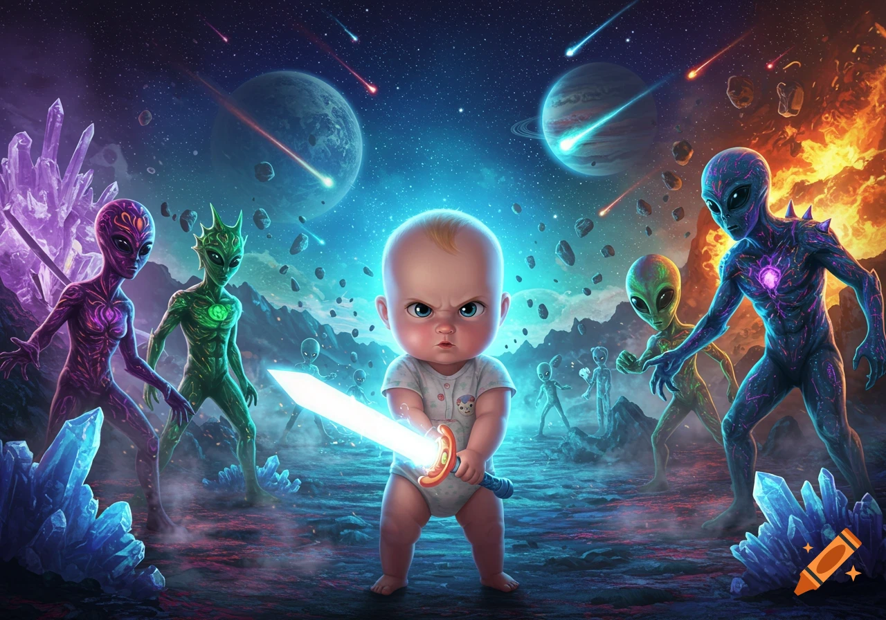 An angry baby holds a glowing sword, surrounded by colorful aliens and glowing crystals in a vibrant cosmic landscape illustration.
