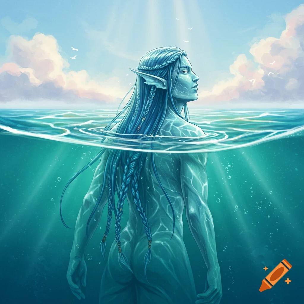 Stylized illustration of an elf-like man with blue skin and long braided blue hair emerging from green-blue water.