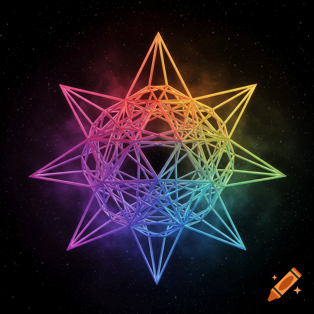 A vibrant rainbow-colored geometric star shape, like a pentadecagram, against a dark starry cosmic background.