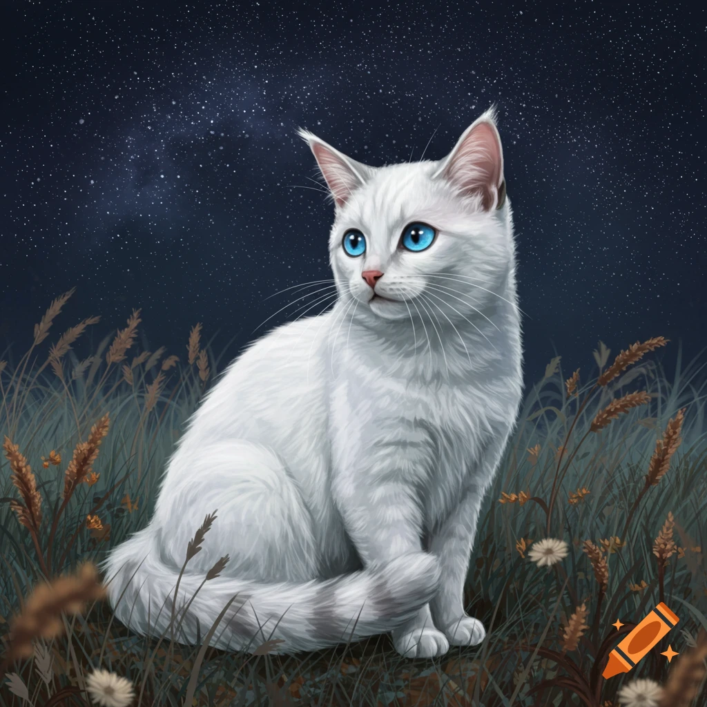 A white cat with bright blue eyes sits in tall grass under a starry night sky.