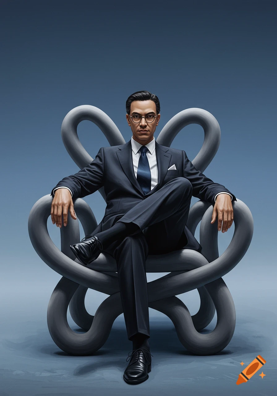 A man in a dark suit and glasses sits in an abstract gray chair made of intertwined shapes, looking at the viewer. Stylized illustration.