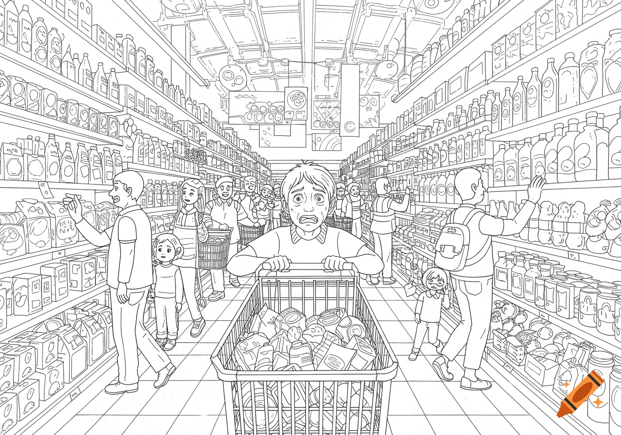 A busy, crowded grocery store in black and white line art. A person pushing a full cart in the foreground has a distressed, anxious expression.