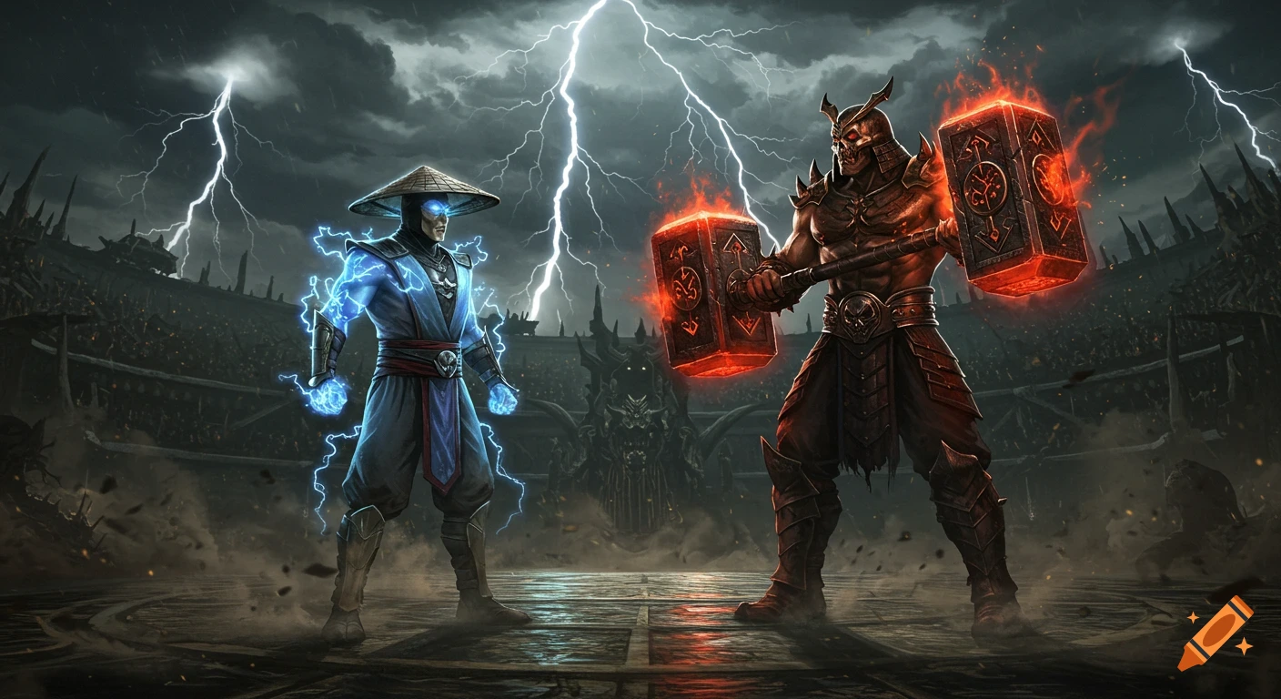 Raiden and Shao Kahn face off in a stormy, lightning-filled Mortal Kombat arena, a cinematic ultra-detailed illustration.