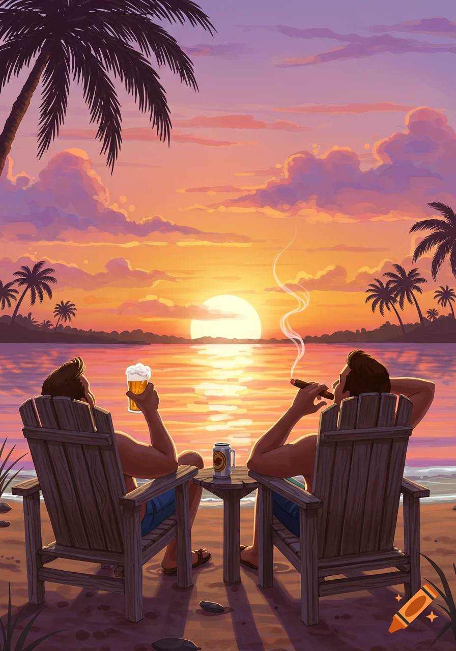 Illustrated scene of two men relaxing in chairs on a beach at sunset, one with a beer, the other smoking a cigar.