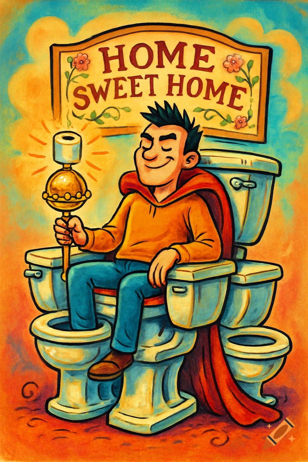 Cartoon man with spiky hair sits on a toilet throne, holding a toilet paper scepter, with a 'HOME SWEET HOME' sign behind him.