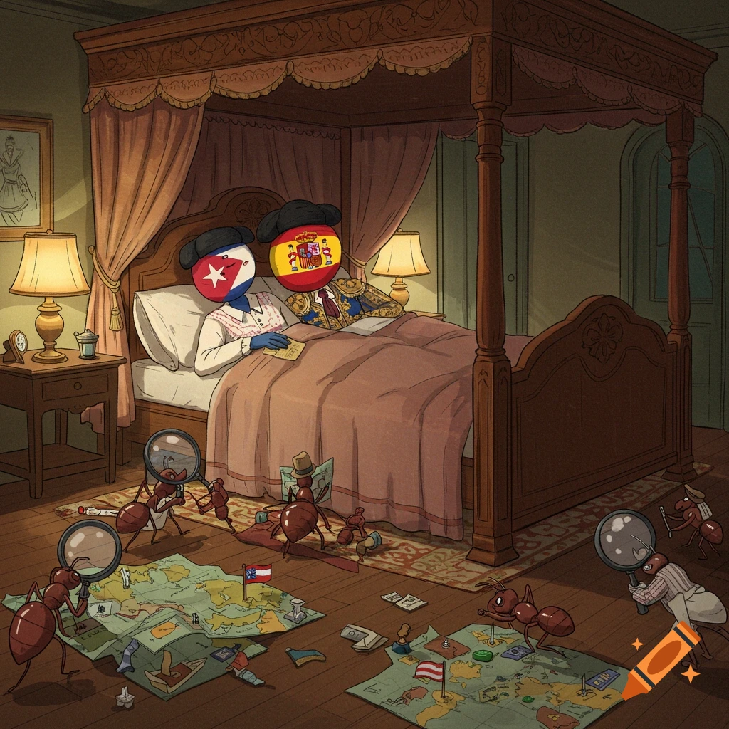 Cartoon of Cuba and Spain countryballs sleeping in a bed while ants, representing the US, examine and take parts of maps on the floor.