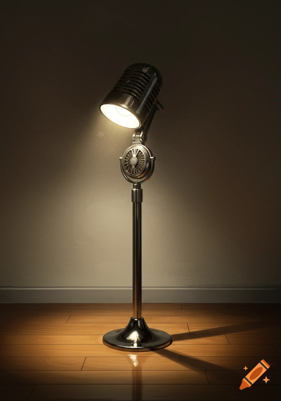 A vintage-style microphone stand with a bright light on its head, standing on a polished wooden floor against a dark wall.