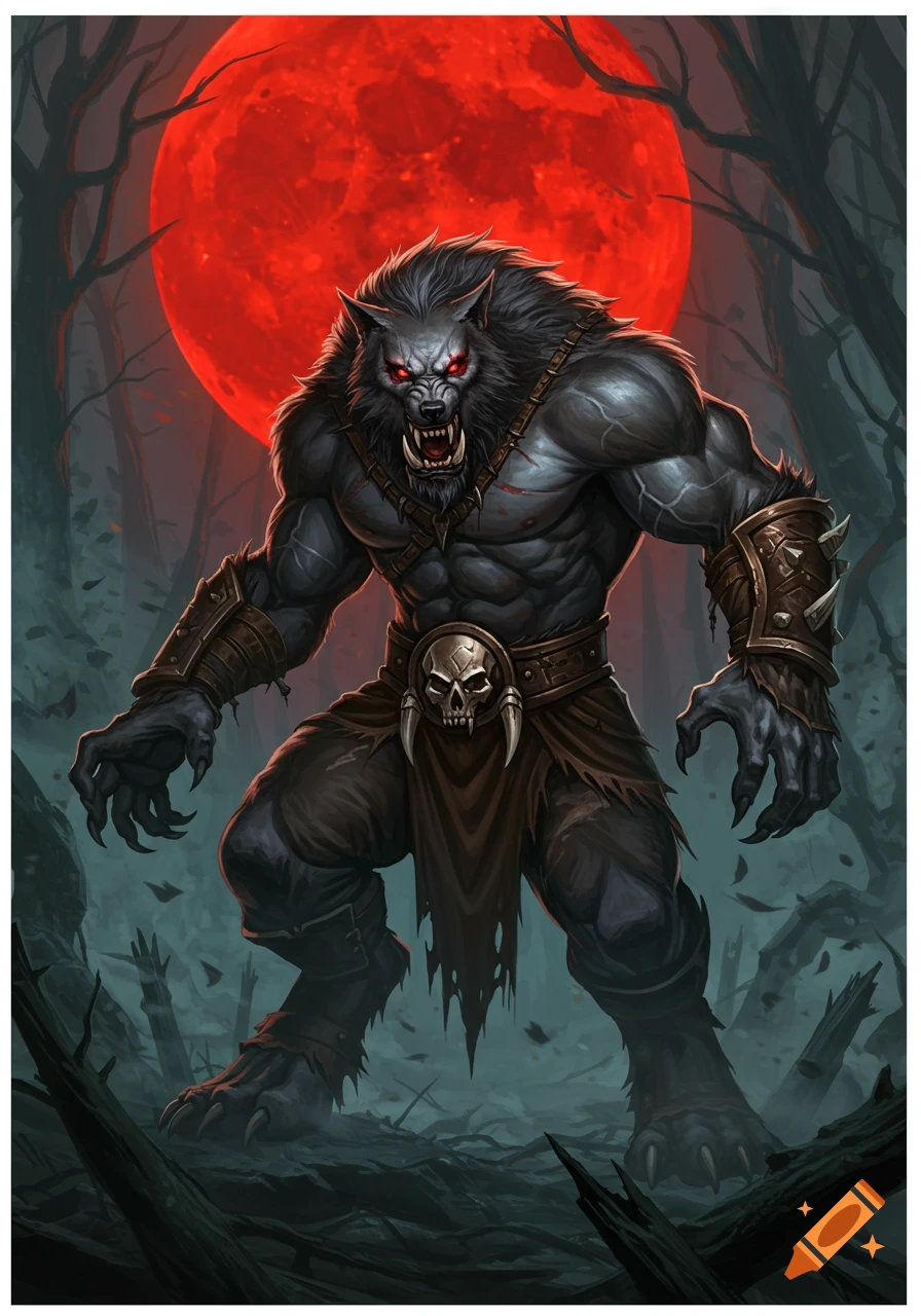 A muscular, gray-furred werewolf-orc creature with glowing red eyes stands in a dark forest under a blood-red moon, snarling.