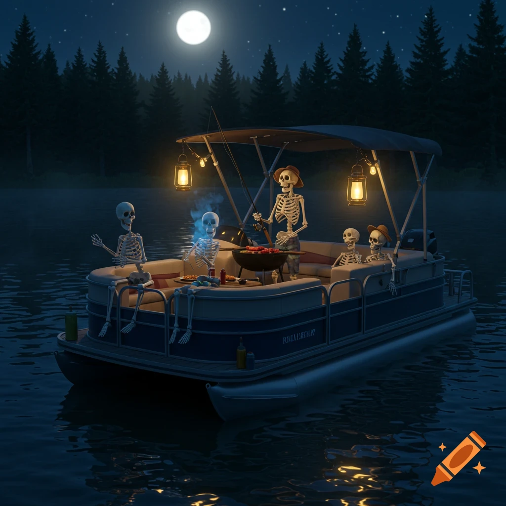 Five skeletons enjoy a spooky night party on a pontoon boat, with one grilling and another fishing, under a full moon on a lake.