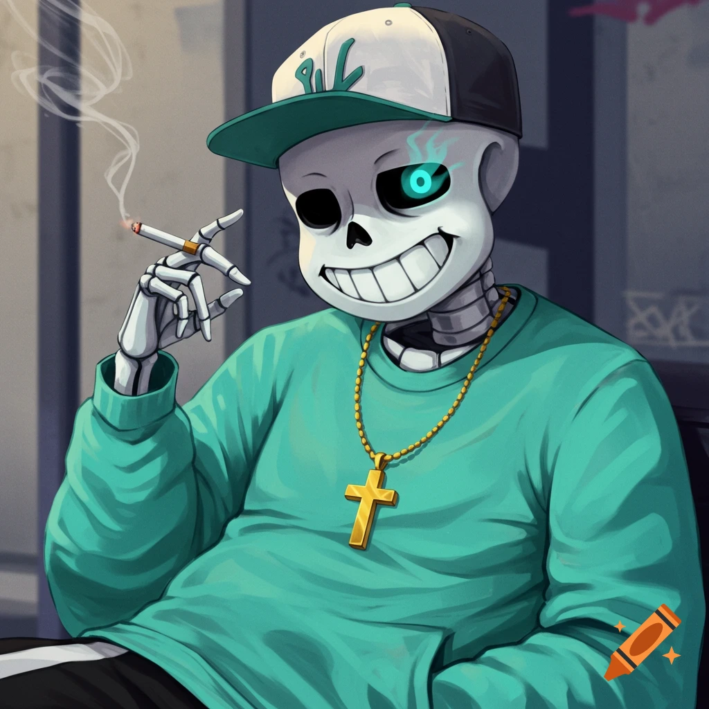 Stylized illustration of Sans from Undertale wearing a white and green snapback, a mint green shirt with a gold cross necklace, and smoking a cigarette.