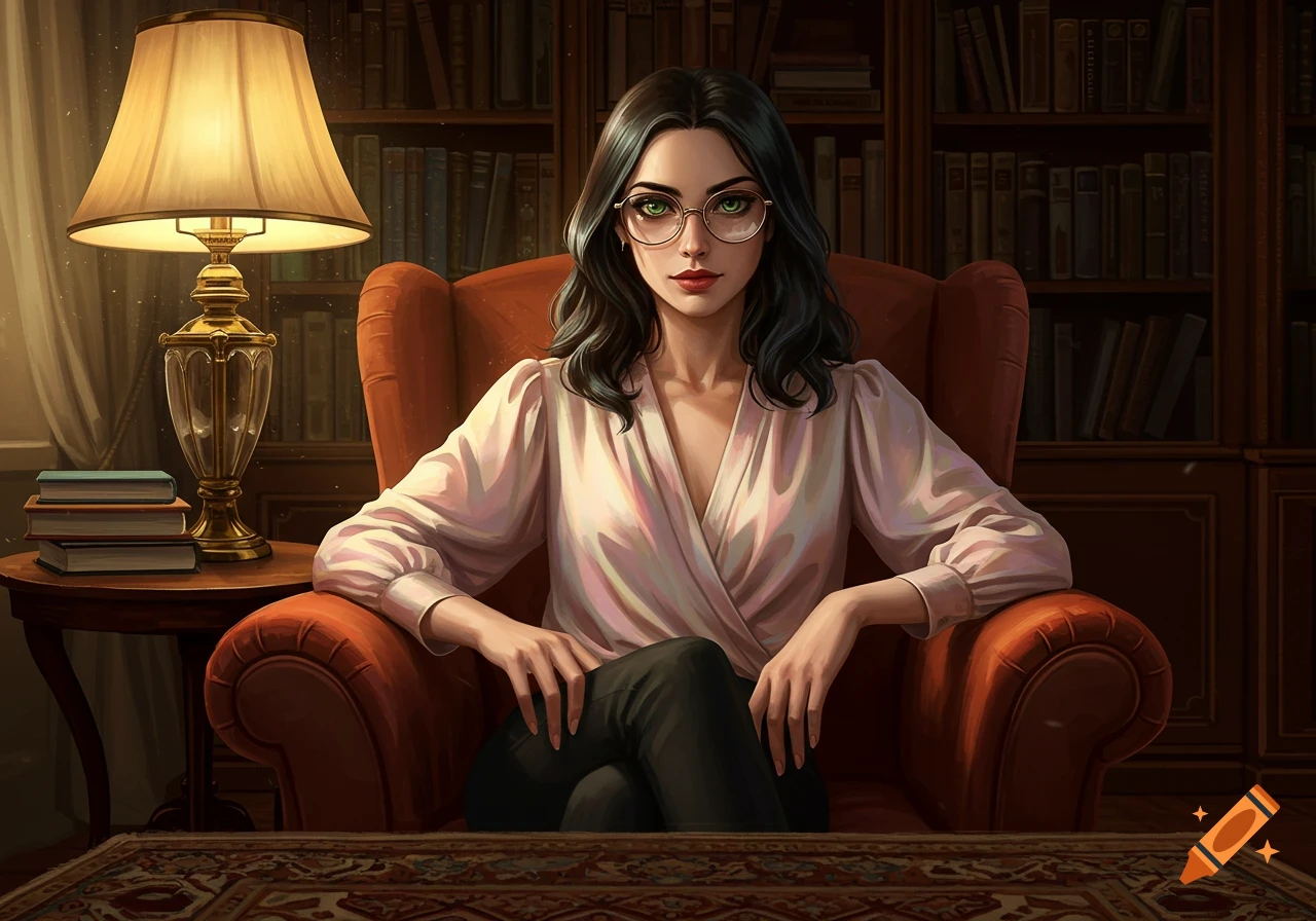 Digital art portrait of a woman with glasses sitting in an armchair in a library, lit by a table lamp.