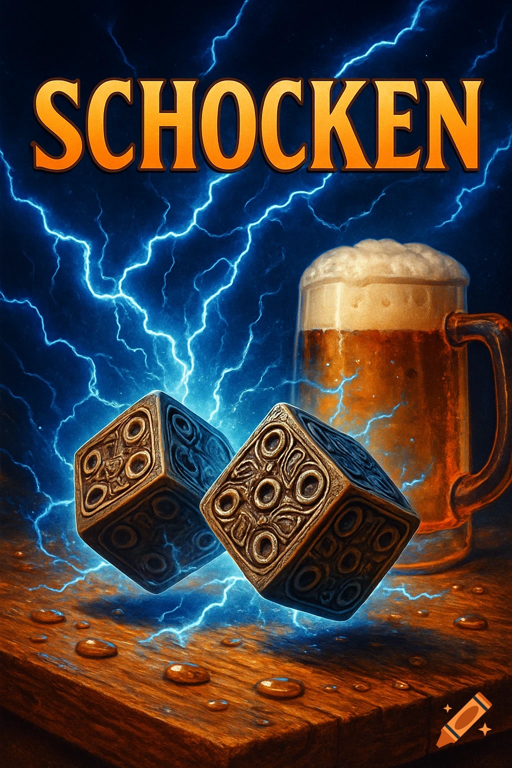 Game cover for 'SCHOCKEN' with two ornate dice and a frothy beer mug on a wooden table, illuminated by blue lightning.