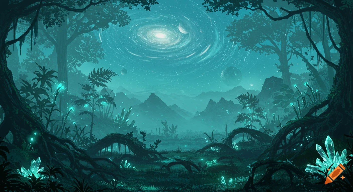 A vibrant teal alien forest with glowing plants, twisted roots, distant mountains, and a swirling galaxy with planets in the sky.