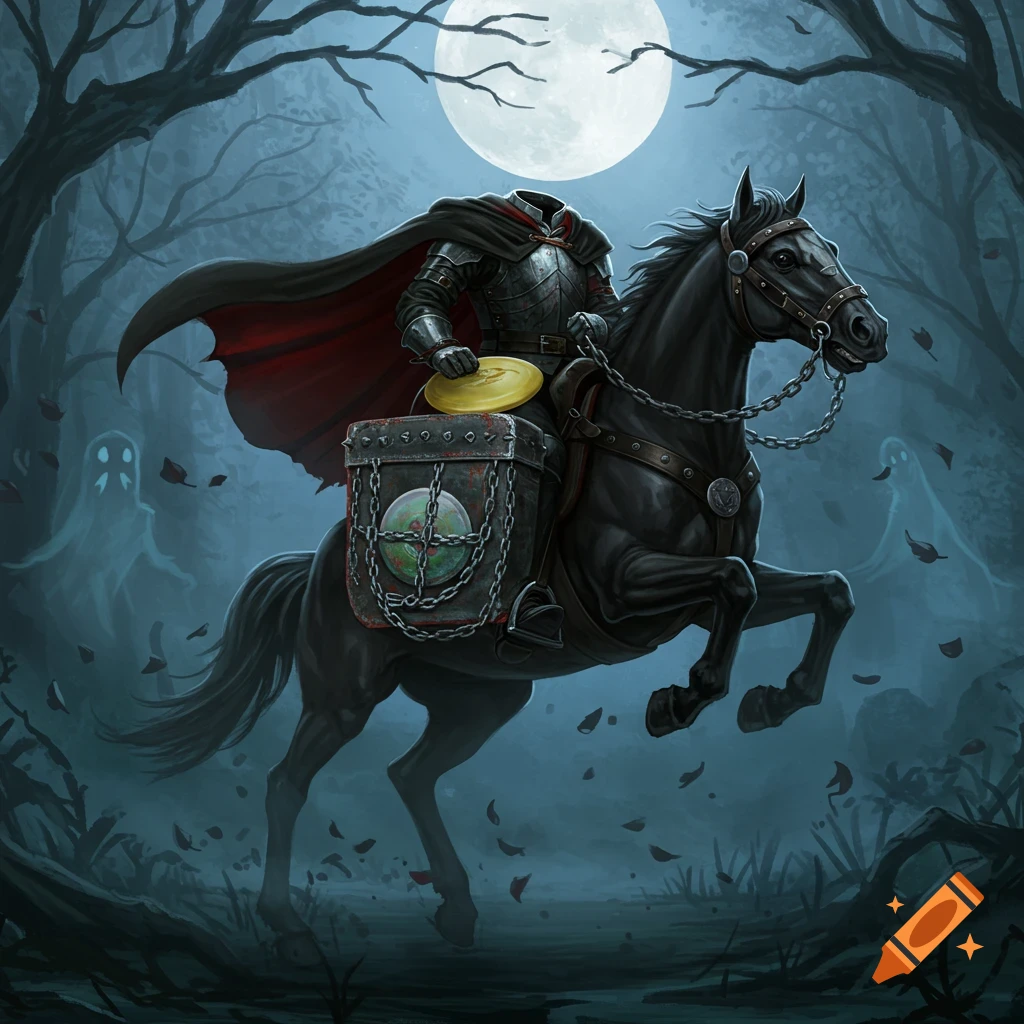 Headless horseman in armor rides a black horse through a misty forest under a full moon, holding a disc golf disc, with ghosts in background. Digital painting.
