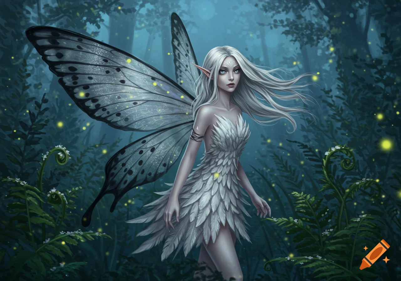 A pale-skinned fairy with long white hair, large grey butterfly wings, and a white feather dress stands in a dark, glowing forest.