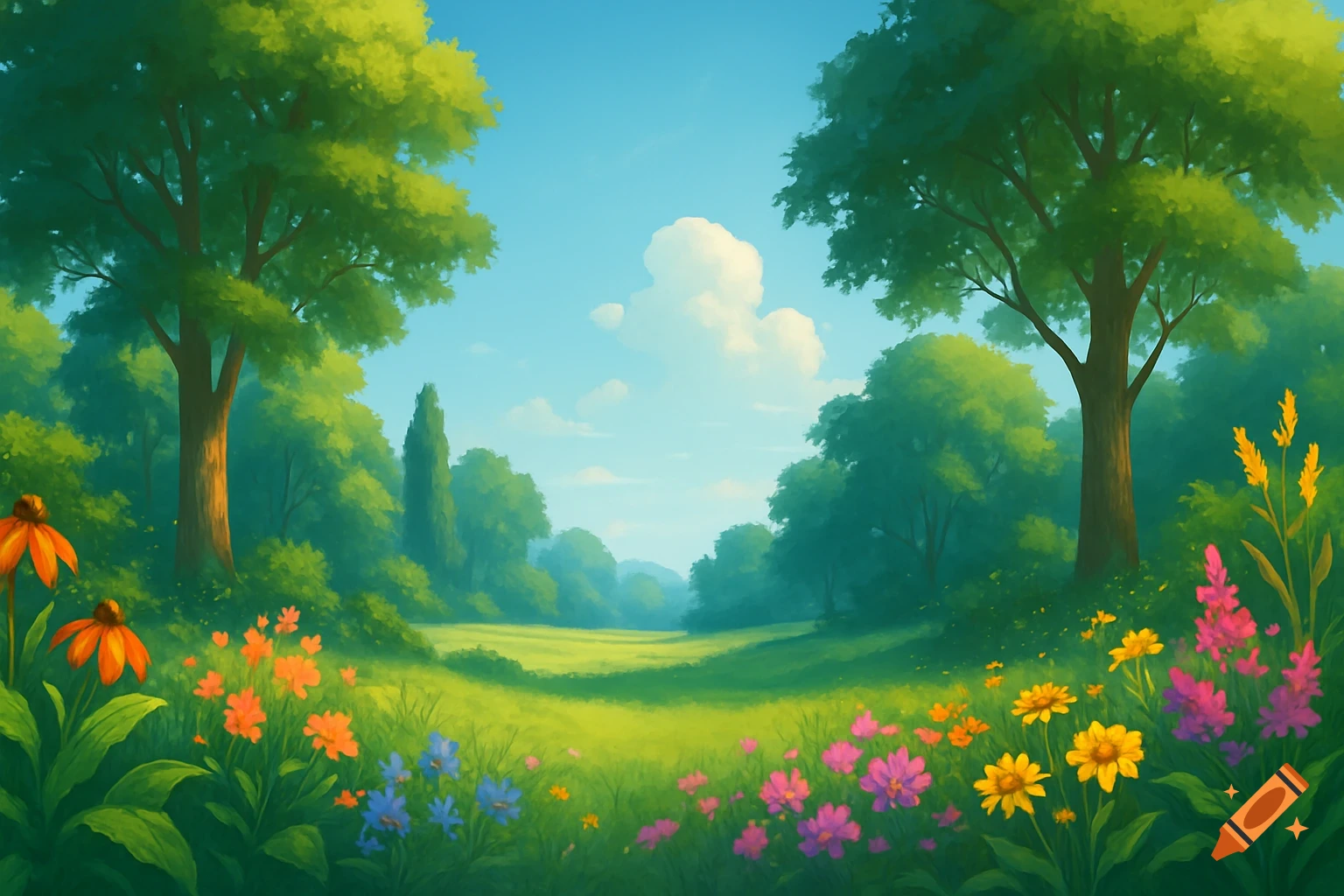 Vibrant painterly landscape with lush green trees, a grassy meadow, and colorful wildflowers under a blue sky.