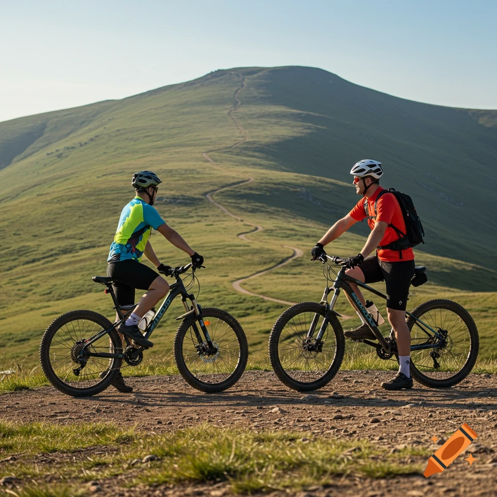 Two men on mountain bikes pause on a dirt path with a winding trail leading up a grassy mountain in the background.
