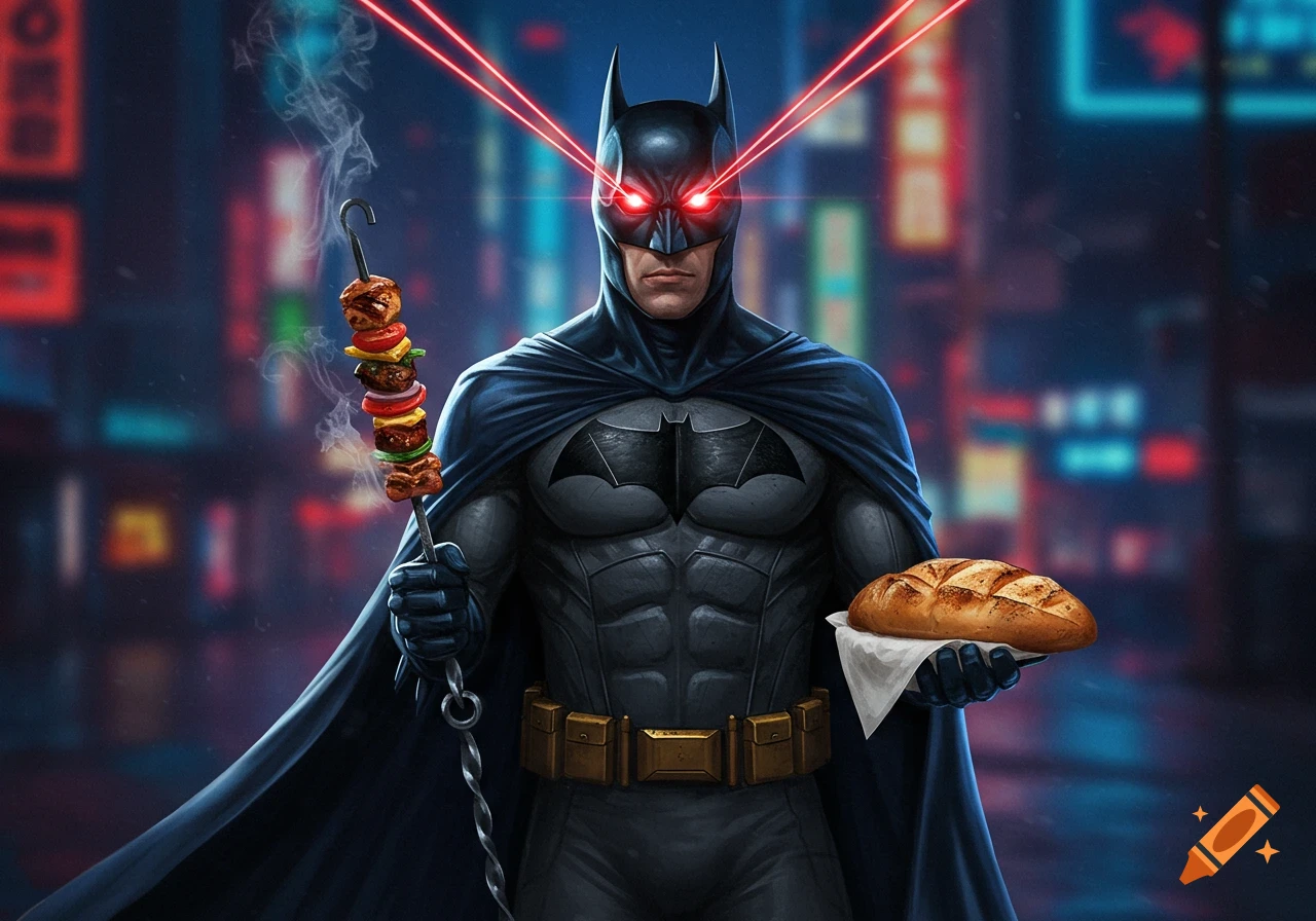 Batman with glowing red laser eyes holds a smoking kebab and a loaf of bread in a dark city.