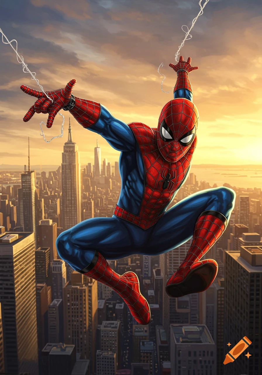 Spider-Man soars above a city skyline at sunset, rendered in a detailed comic art style.