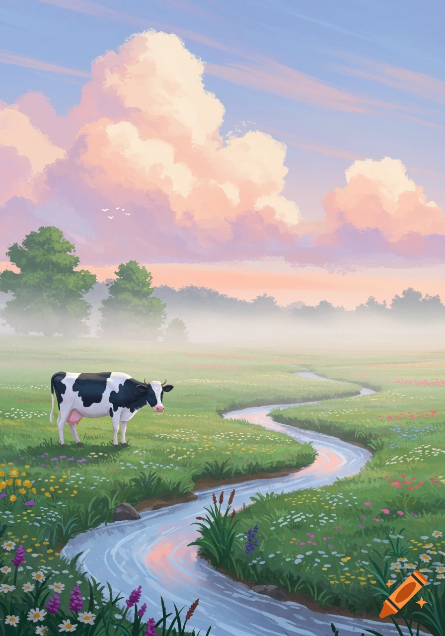 A black and white cow stands in a wildflower meadow with a winding stream, under a sky with pastel clouds, in a painterly style.