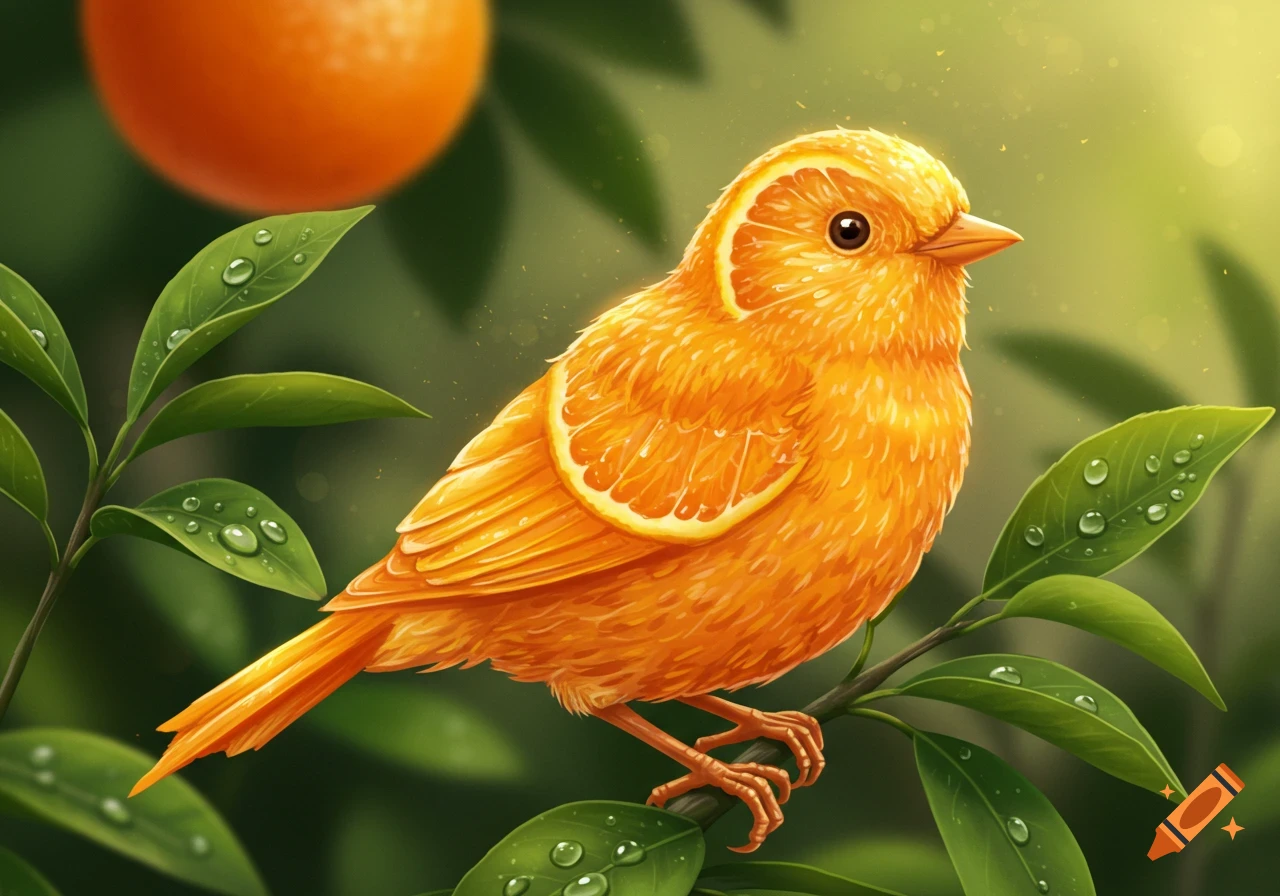 A vibrant orange bird with textured orange peel feathers, sitting on a branch with green leaves and dew drops. A blurred orange fruit is in the background. Digital art.