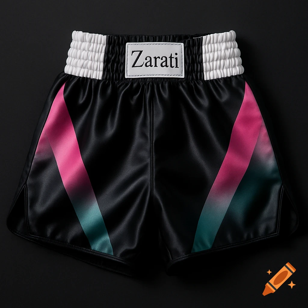 Black Muay Thai shorts with a white waistband, pink and aqua marine faded stripes on the sides, and a 'Zarati' label.