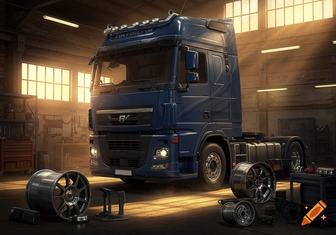 Photorealistic image of a blue European semi-truck parked in a garage with truck spare parts and tools.
