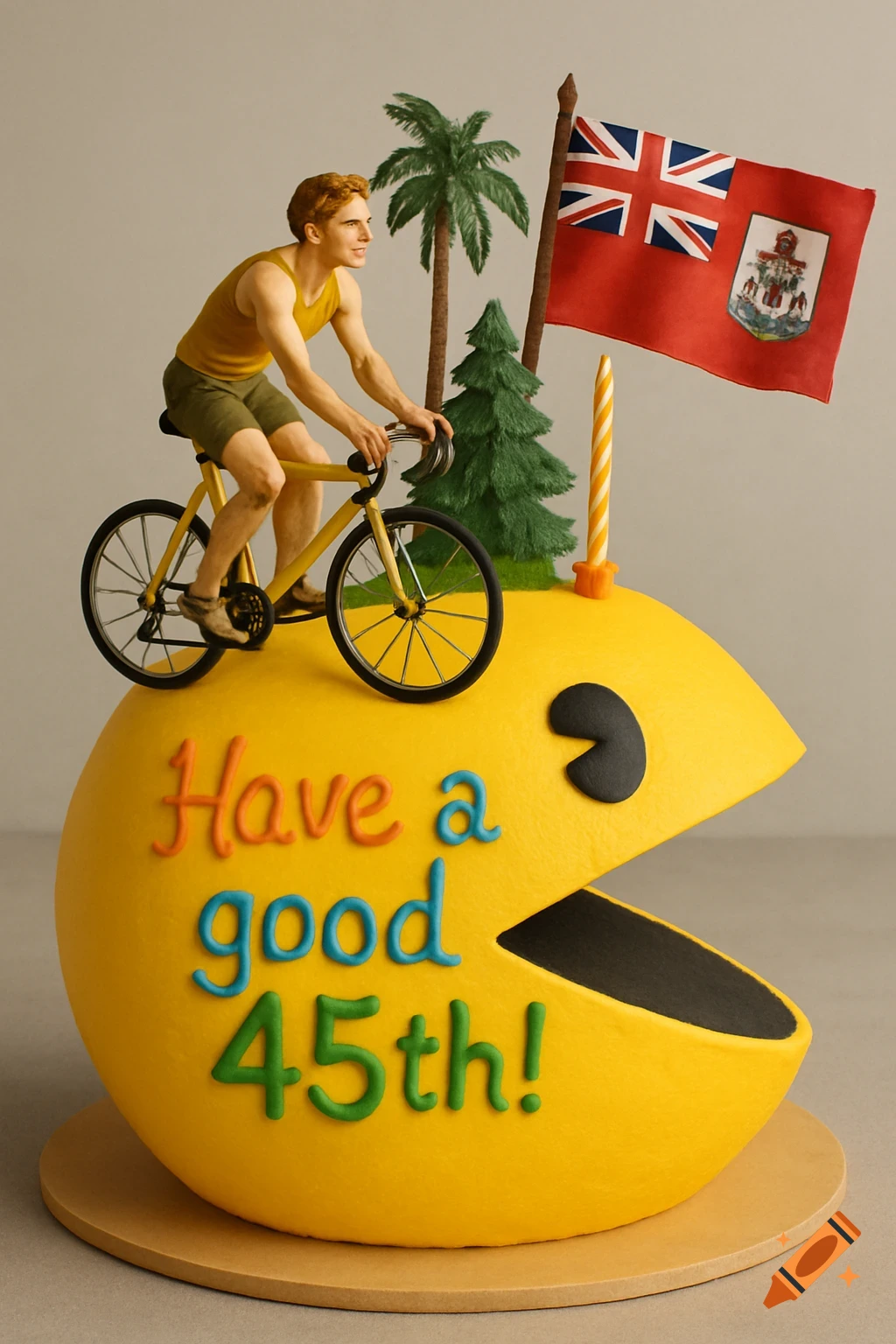 Birthday cake shaped like Pac-Man with a cyclist, palm and pine trees, and a Bermuda flag on top. Text 'Have a good 45th!'.