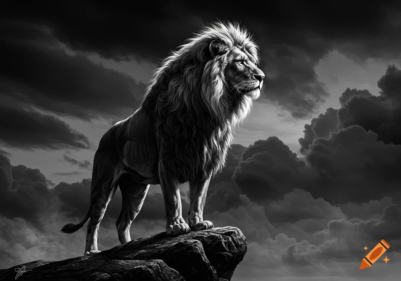 A powerful lion stands majestically on a rocky peak under a dramatic, cloudy sky, rendered in black and white.