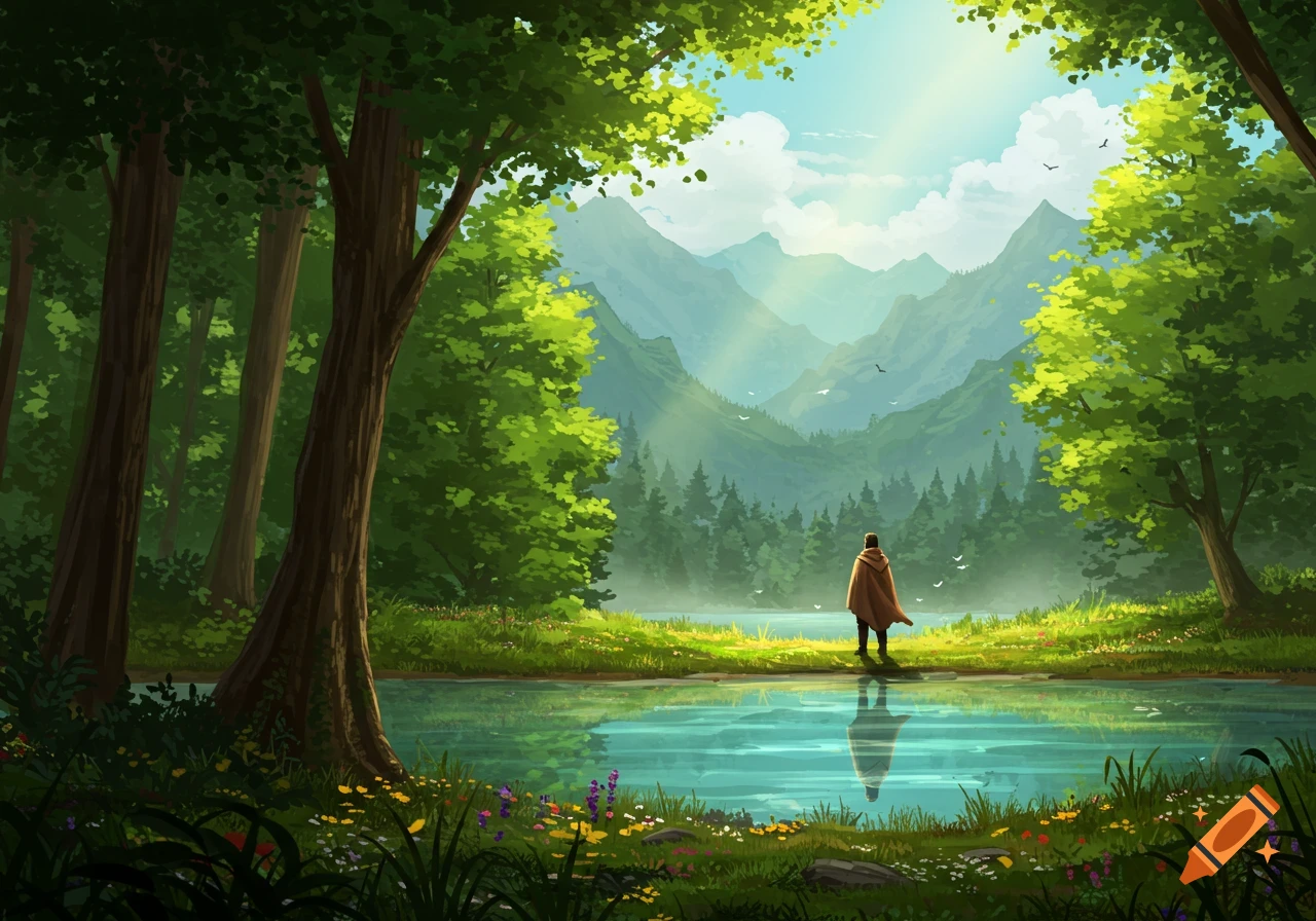 A cloaked figure stands by a tranquil lake surrounded by a lush forest and mountains under a bright sky, digital painting.