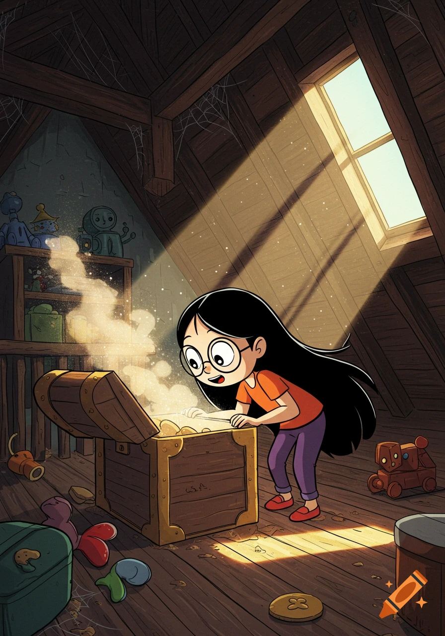 Cartoon girl with long black hair and glasses opens a glowing treasure chest in a dusty attic.