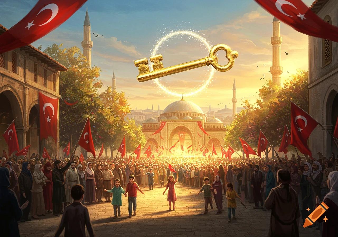 A vibrant Turkish city square with a crowd, mosques, and red flags, under a sunny sky, as a golden key floats above.