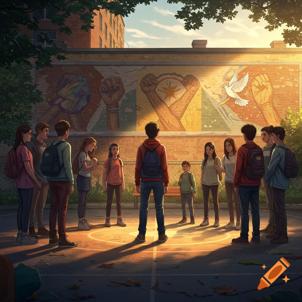 Diverse young people stand in a circle on an outdoor court before a mural depicting raised fists, a star, and a white dove. Illustration.