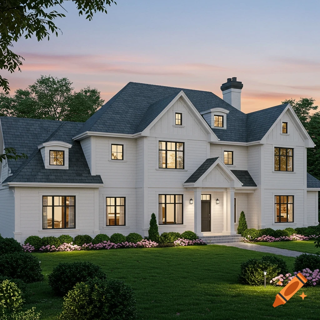 Photorealistic exterior view of a large, modern white house with a dark gray roof, black windows, and illuminated landscaping at dusk.