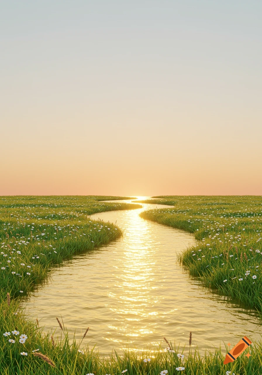 A winding golden river reflects the setting sun, flowing through a vibrant green field dotted with white wildflowers.