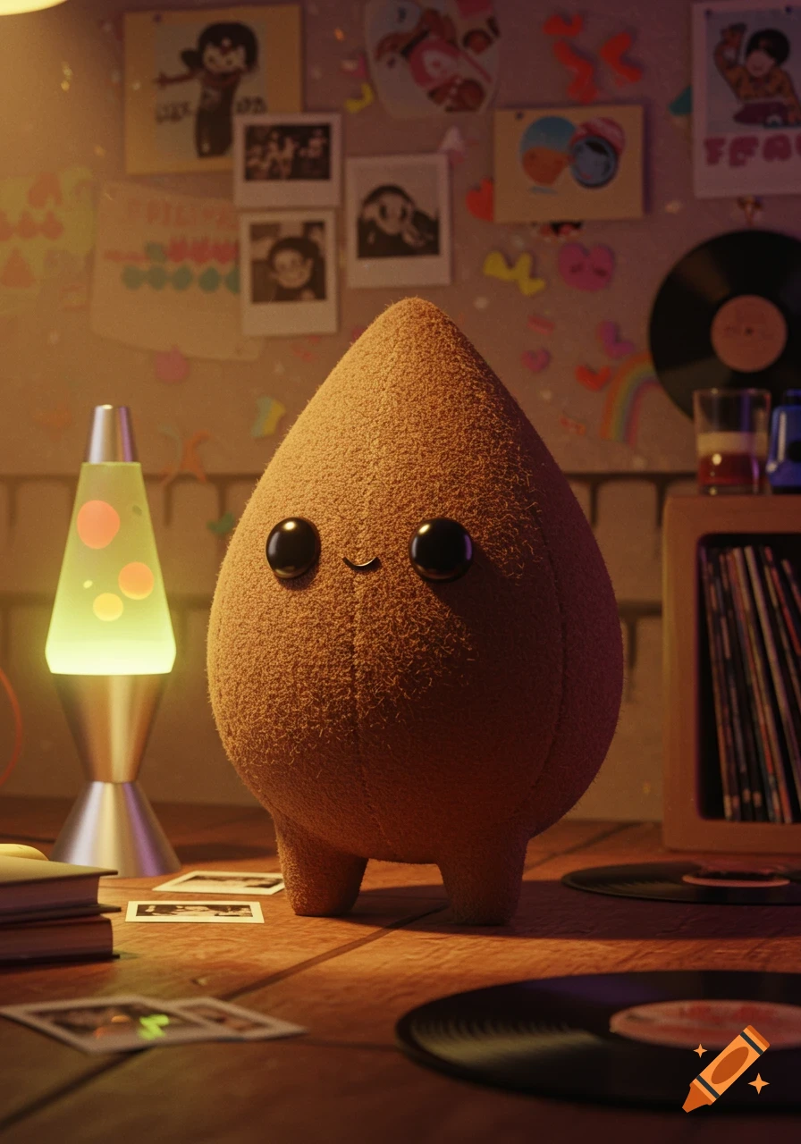 A fluffy brown tear-drop shaped creature with big black eyes and a small smile stands on a wooden desk next to a glowing lava lamp and vinyl records.